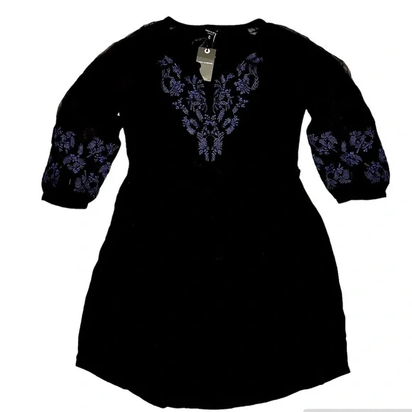 Lucky Brand Dresses | Lucky Nwt Womens Black Dress With Embroidered Blue Flower Detail Sz Xl | Color: Black/Blue | Size: Xl | Michelaneousone's